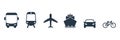 Transportation icon set. Airplane, public bus, bike, train, ship and auto car signs