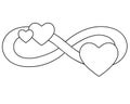 Infinity sign with three hearts - vector linear illustration for coloring. Eternal love symbol for Valentine`s Day, polyamory symb Royalty Free Stock Photo
