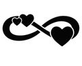 Infinity sign with three hearts - vector silhouette illustration for logo or pictogram. Eternal love symbol for Valentine`s Day, p