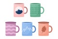 Vector set of vintage mugs in cartoon style. Collection of cups for hiking in different print.
