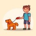 A boy walks with his dog. Everyday scenes with pets. Flat vector illustration.