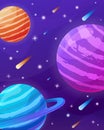 Space scenes with stars, comets and planets in cartoon style.