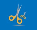 Yellow scissors, Open and closed on blue background. Scissors icon. Flat design. Vector illustration. Royalty Free Stock Photo