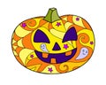 Halloween pumpkin - vector linear color illustration. Jack`s lantern - multicolored stained glass or batik. Halloween mosaic with