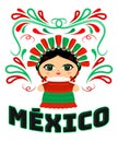 Mexican Doll with decorative ornaments and vector Mexico text.