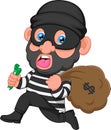 Thief cartoon carrying bag of money with a dollar sign