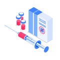 Virus protection and health care concept. Medicines, syringe and ampoules icons.