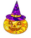 Halloween pumpkin in a witch`s hat - vector linear color illustration for Halloween Jack`s lantern - multicolored stained glass wi