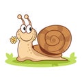 Cute snail on a white background. Cartoon style of animal. Snail with flower. Flat vector illustration. Royalty Free Stock Photo