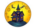 Halloween manor on a full moon background - vector linear color illustration for Halloween. Mansion with ghosts and bats - multico