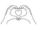 Hands show gesture - heart with heart inside - vector linear illustration for coloring. Heart sign shown by hands. Outline. valent