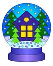 Snow globe with a house and Christmas trees - vector linear color illustration of New Year and Christmas. Snow globe with snowflak Royalty Free Stock Photo