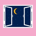 Night out the window icon in cartoon style isolated on pink background. Royalty Free Stock Photo