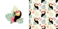 Tropical set with seamless pattern and floral arrangement