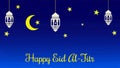 Eid Al Fitr Mubarak Greeting Banner. Happy Eid Al Fitr Typography, Lanterns, Crescent Moon and Stars on on a Blue Graded Backgroun Royalty Free Stock Photo