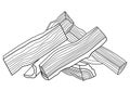 Firewood - vector linear picture for coloring. Outline. Logs cut into four parts and folded into a house. Firewood for a fire or f