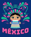 Mexican Doll with decorative ornaments and vector Mexico text.