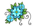 Inflorescence of three blue flowers of different sizes, delicate green leaves and shoots - vector full color illustration. Spring