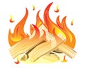 Bonfire. Burning wood, fire and sparks - vector full color illustration. Burning logs. Bright sparks over a hot hearth.