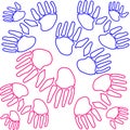 Hands, hands of a woman,hands of a man, hands of a family, hands of children, on a scarlet,pink, blue background