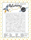 Astronomy word search puzzle. Educational game for lerning English words. Space theme.
