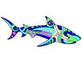 Shark - vector linear full color illustration. Ocean animal - multicolored white shark with patterns. Template for stained glass,