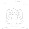 Angels flying in sky with stars line drawing, vector illustration