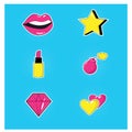 Pop art stickers. Lips, lipstick, ruby, bomb, heart, star. Background. Vintage