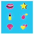 Pop art stickers. Lips, lipstick, ruby, bomb, heart, star. Background. Vintage Royalty Free Stock Photo