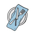 Set of dishware illustration on white background. knife and fork with napkin and plate. hand drawn vector. dinner concept. doodle