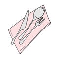 Set of dishware illustration on white background. dinner for celebration icon. hand drawn vector. knife, spoon, fork and napkin ta