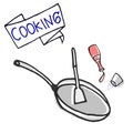 Concept of cooking preparation. cooking illustration on white background. saucepan with spatula, ketchup and salt. hand drawn vect