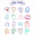 Set of Cute Kid\'s Apparel Illustration Hand-Drawn Baby Clothes Doodle Art for Logos, Labels, and Creative Designs Royalty Free Stock Photo
