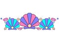 Seashells and pearls - vector linear full color illustration - divider. Sea border of scallop shells, pearls and small seashells.