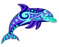 Dolphin - vector linear full color zentangle illustration - with marine mammal animal. Template for stained glass, batik or colori