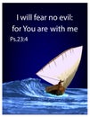 Baner ship in the stormy sea. Realistic boat wave sail. Christian text from the Bible. Vector graphics for the church.