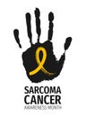 Sarcoma Cancer Awareness Month banner. Yellow ribbon and human hand print poster.