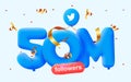 50m followers thank you Twitter 3d blue balloons and colorful confetti. Royalty Free Stock Photo