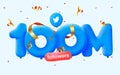 100m followers thank you Twitter 3d blue balloons and colorful confetti. Royalty Free Stock Photo