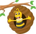 Cute cartoon bee waving in the beehive Royalty Free Stock Photo