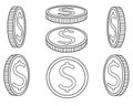 Coins. A set of coins from different angles. Abstract or game money drawn from different sides - vector linear picture for colorin