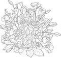 Realistic mix flower bouquet with anemone, rose flowers and leafs sketch template. Cartoon vector illustration in black and white Royalty Free Stock Photo