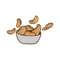 Potato chips in the bowl illustration on white background. hand drawn vector. fast food icon. salty flavor. snack time. doodle art Royalty Free Stock Photo