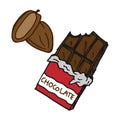 Dark chocolate bar with cacao fruit illustration on white background. hand drawn vector. sweet dessert, stress reliever. doodle ar