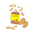 Chips illustration with potatoes on white background. open package, pile of chips. spicy flavor snack. hand drawn vector. doodle a Royalty Free Stock Photo