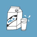 Milk box with glass of milk illustration on blue background. hand drawn vector. healthy and fresh drink. doodle art for logo, labe Royalty Free Stock Photo