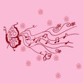 Beautiful melody illustration with butterfly and flowers isolated on pink background. decorative sedign pattern. doodle art for wa