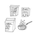Set of cereal boxes with bowl and spoon illustration isolated on white background. healthy breakfast icon. hand drawn vector. dood Royalty Free Stock Photo