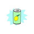 Beverage can illustration with lemon flavor. carbonated drink icon. blue color paint spattered. hand drawn vector. doodle art for