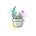 Beautiful houseplant illustration on white background. potted plant icon, flowerpot with color paint spattered. hand drawn vector.